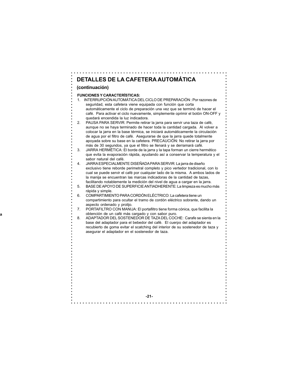 Detalles de la cafetera automática | DeLonghi DC51TT Series User Manual | Page 21 / 38