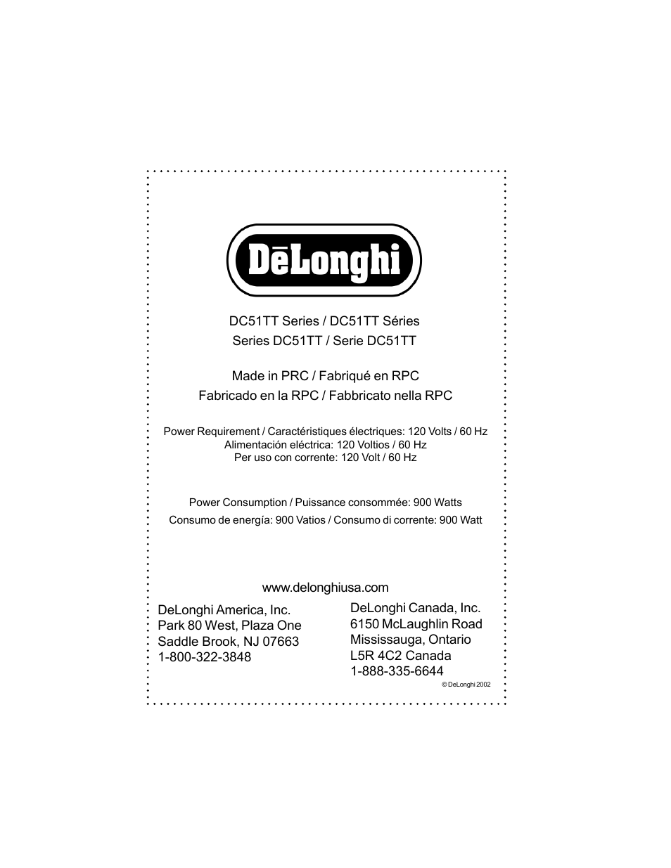 DeLonghi DC51TT Series User Manual | Page 38 / 38