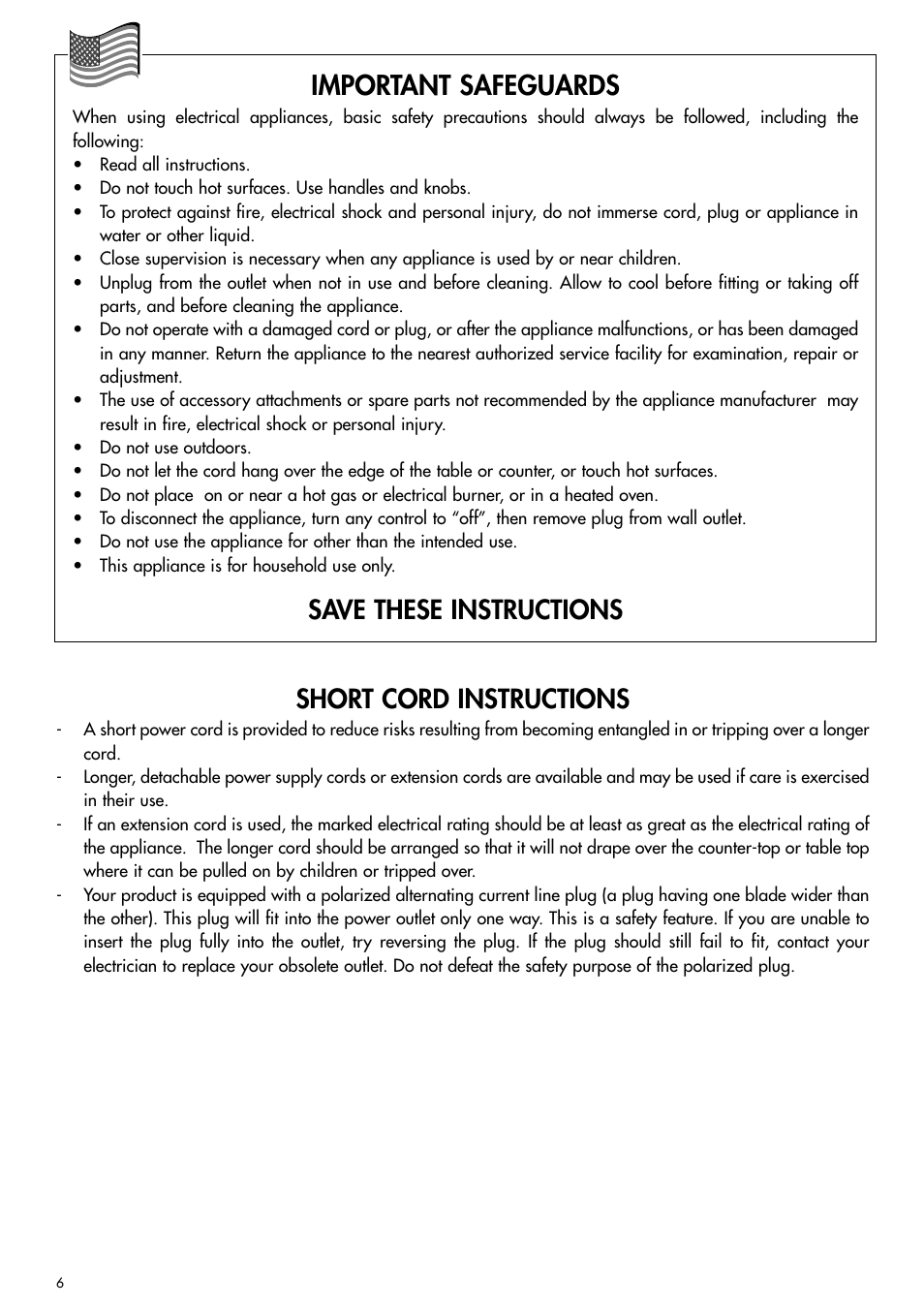 Important safeguards, Save these instructions short cord instructions | DeLonghi cc 100 User Manual | Page 5 / 9
