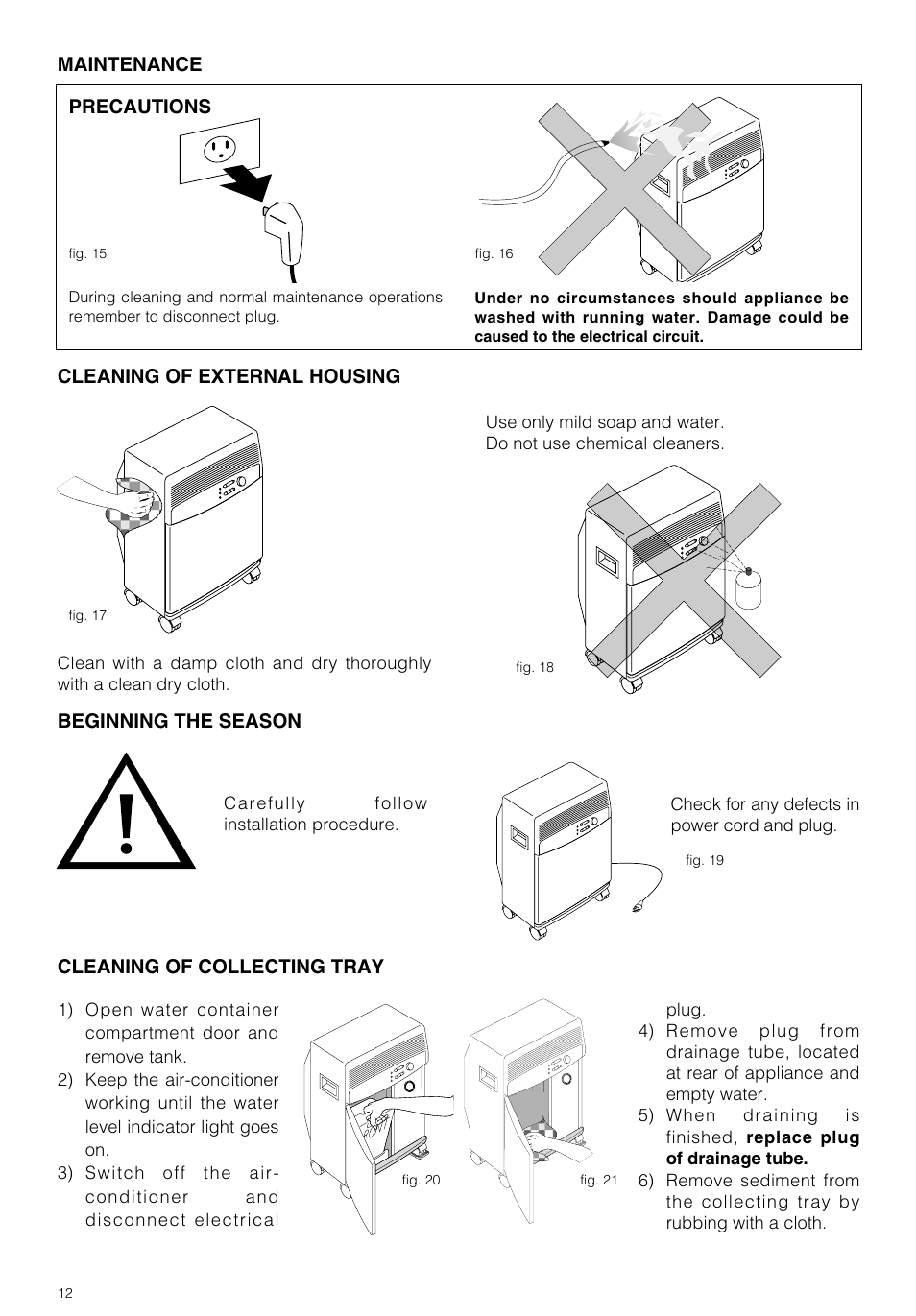 Maintenance precautions, Cleaning of external housing, Beginning the season | Cleaning of collecting tray | DeLonghi PAC 290 U User Manual | Page 12 / 15