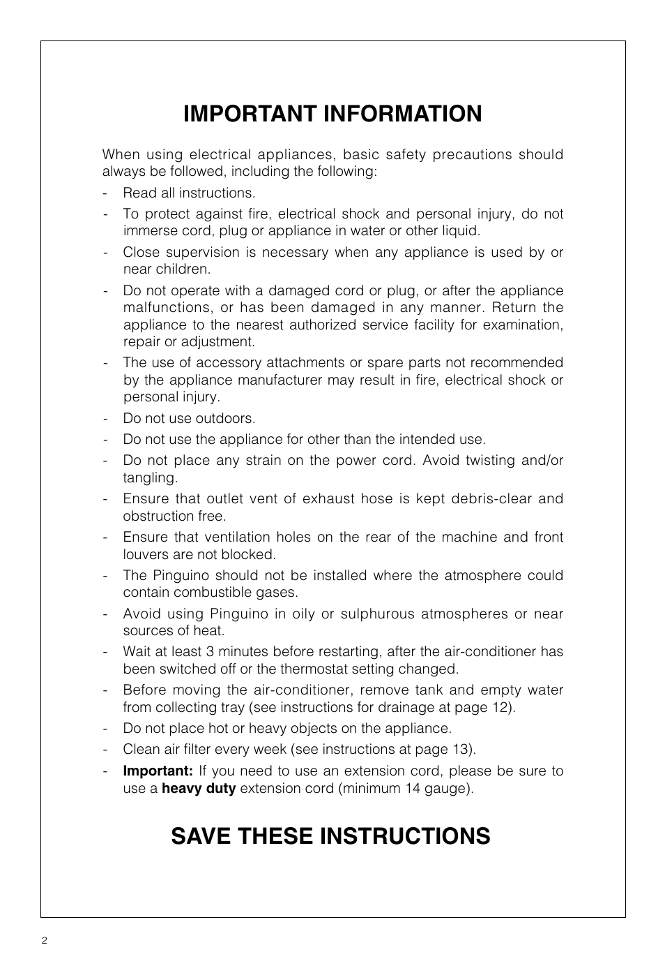 Important information, Save these instructions | DeLonghi PAC 290 U User Manual | Page 2 / 15