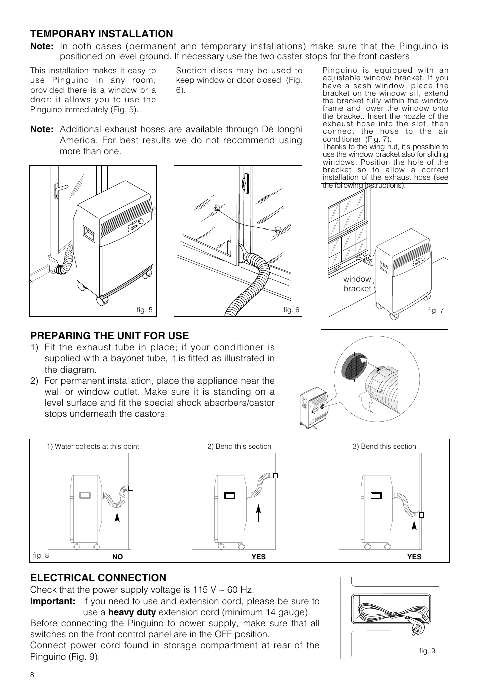 Temporary installation, Preparing the unit for use, Electrical connection | DeLonghi PAC 290 U User Manual | Page 8 / 15