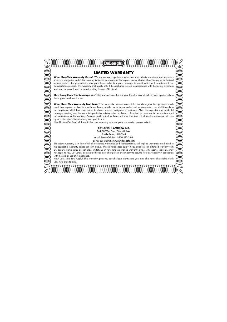 Limited warranty | DeLonghi DFH550R User Manual | Page 8 / 8