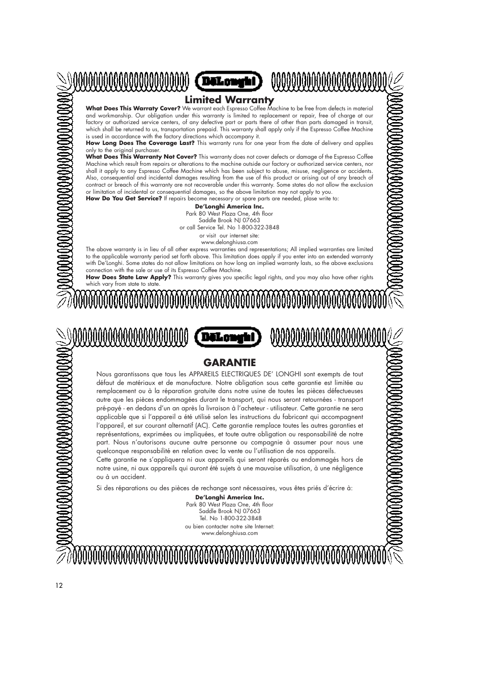 Limited warranty, Garantie | DeLonghi BAR50 User Manual | Page 12 / 12