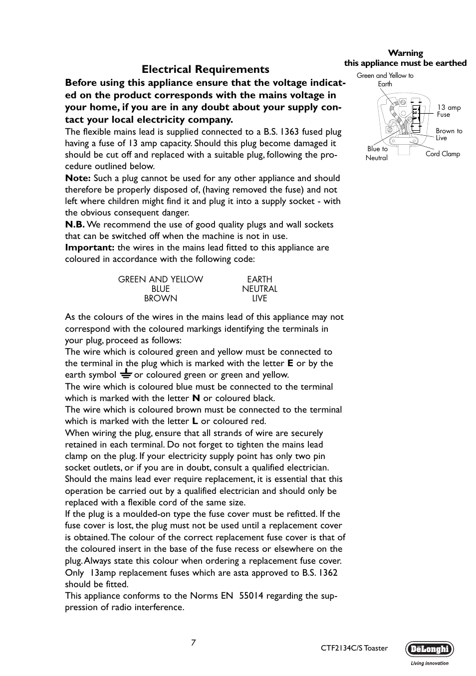 Electrical requirements | DeLonghi CTF2134C/S User Manual | Page 7 / 8