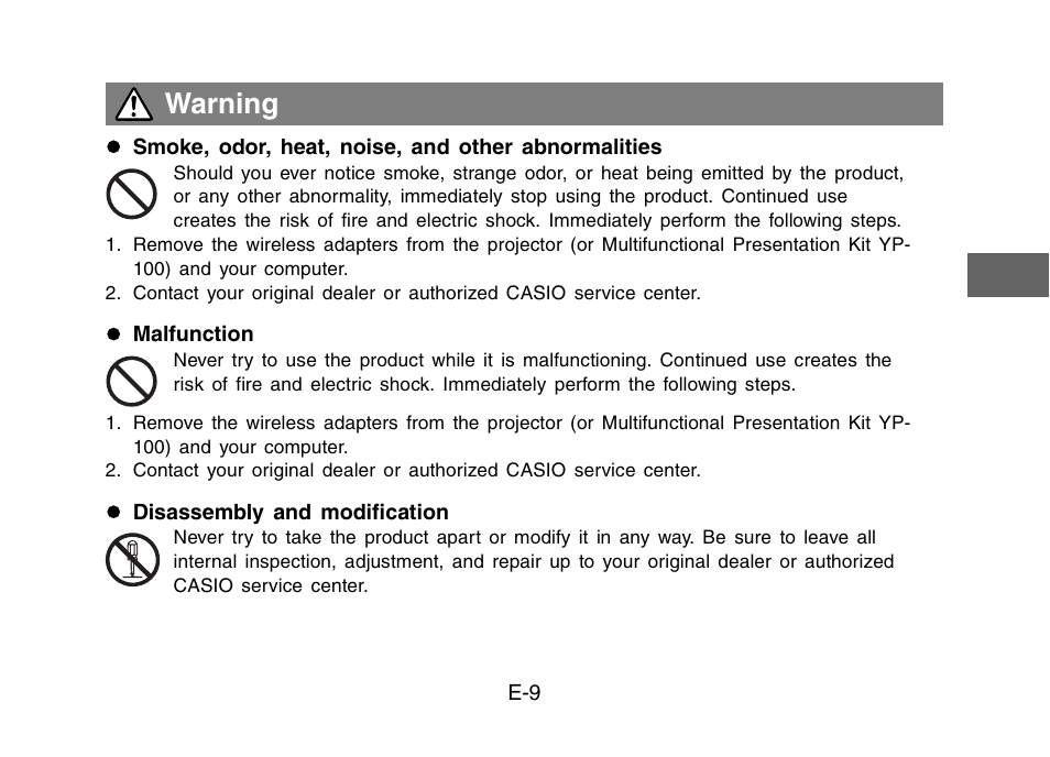 Warning | Casio YW-2L Basic Operations User Manual | Page 11 / 19