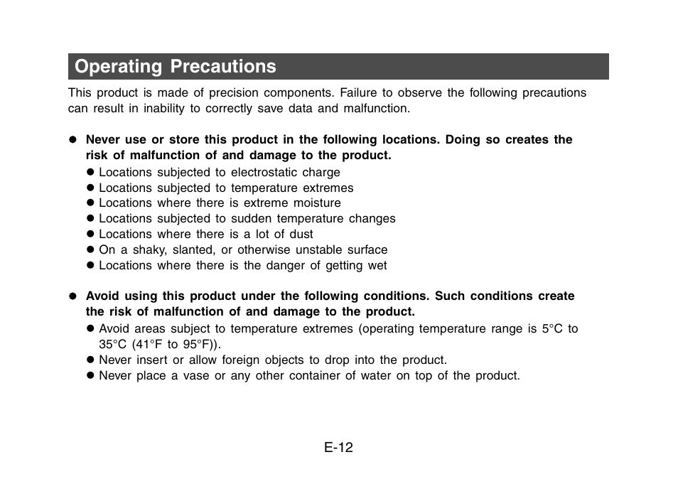 Operating precautions | Casio YW-2L Basic Operations User Manual | Page 14 / 19