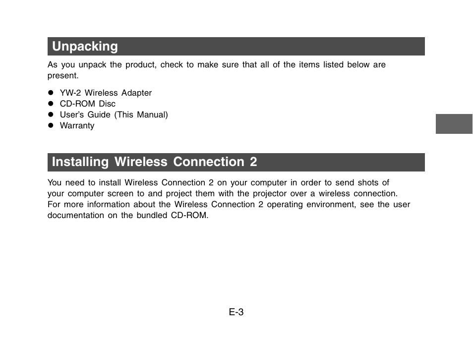 Unpacking installing wireless connection 2 | Casio YW-2L Basic Operations User Manual | Page 5 / 19