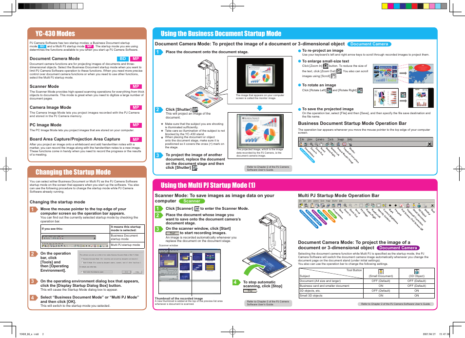 Yc-430 modes, Using the multi pj startup mode (1), Multi pj startup mode operation bar | Business document startup mode operation bar | Casio YC-430 Quick Guide User Manual | Page 2 / 2