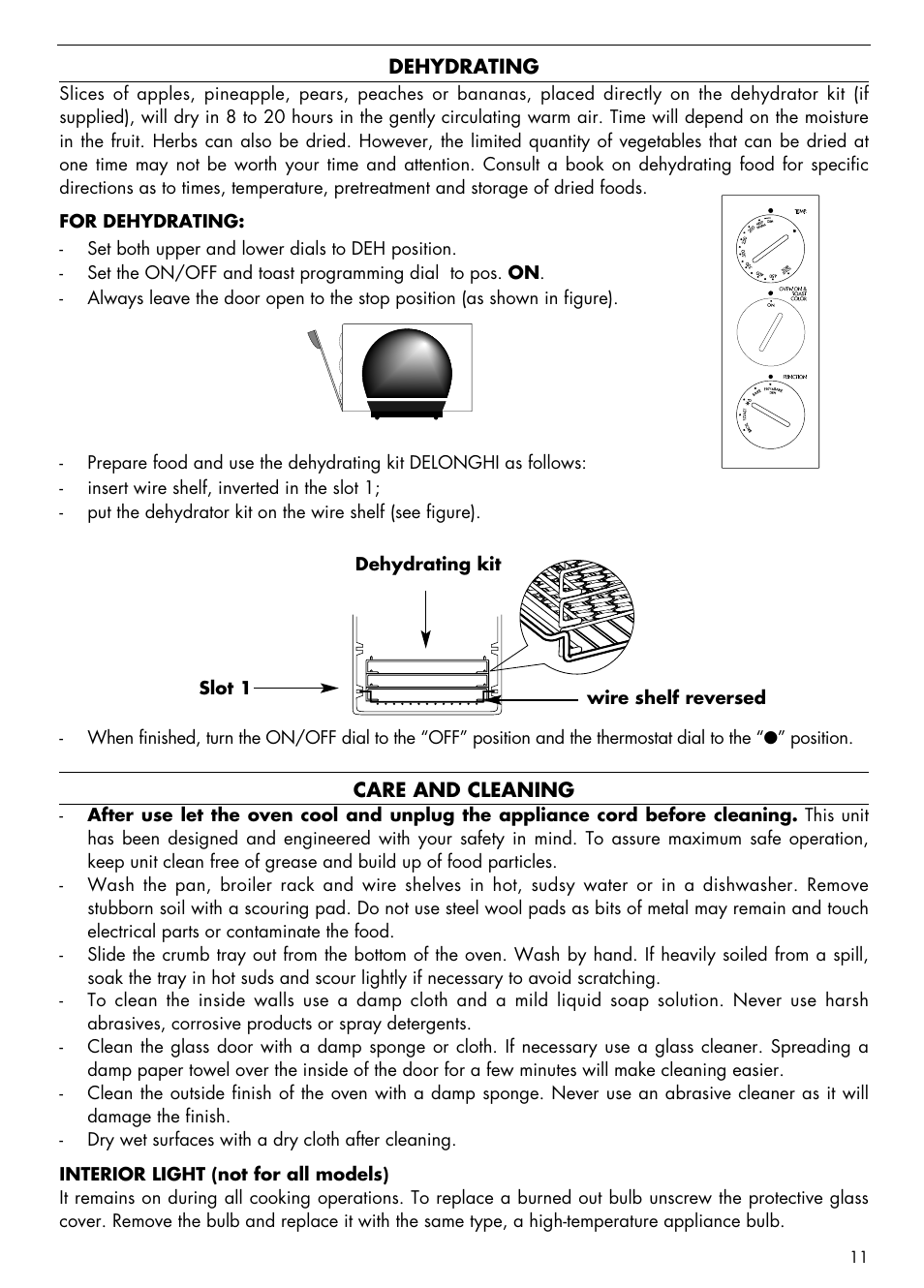 Dehydrating, Care and cleaning, Slot 1 dehydrating kit wire shelf reversed | DeLonghi AS 670 User Manual | Page 11 / 15