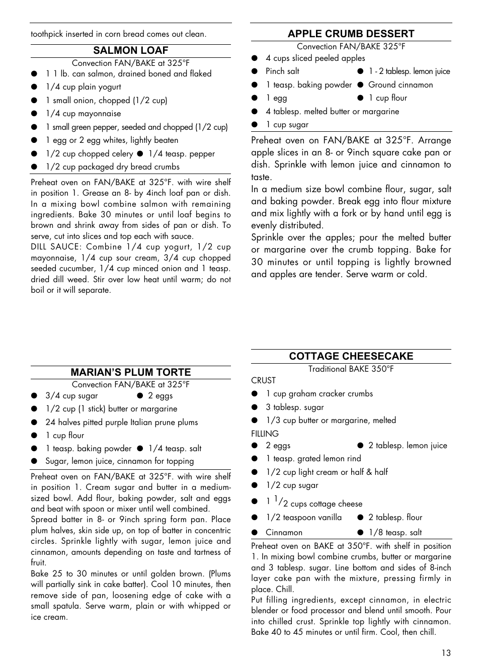 Salmon loaf, Marian’s plum torte, Apple crumb dessert | Cottage cheesecake | DeLonghi AS 670 User Manual | Page 13 / 15