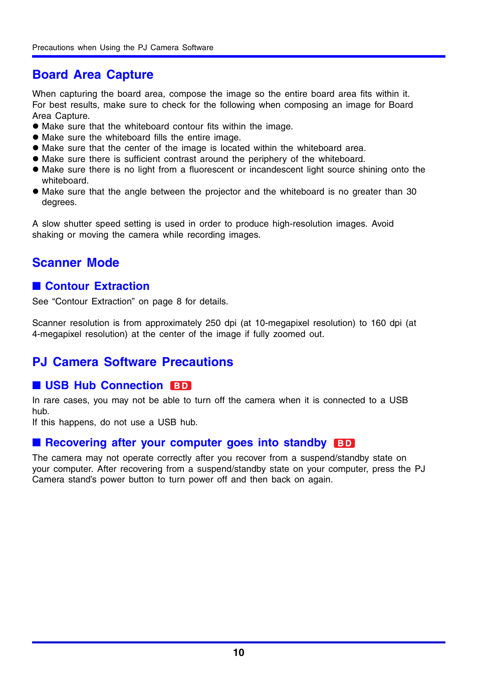 Board area capture, Scanner mode, Pj camera software precautions | Casio YC-430 User Manual | Page 10 / 146