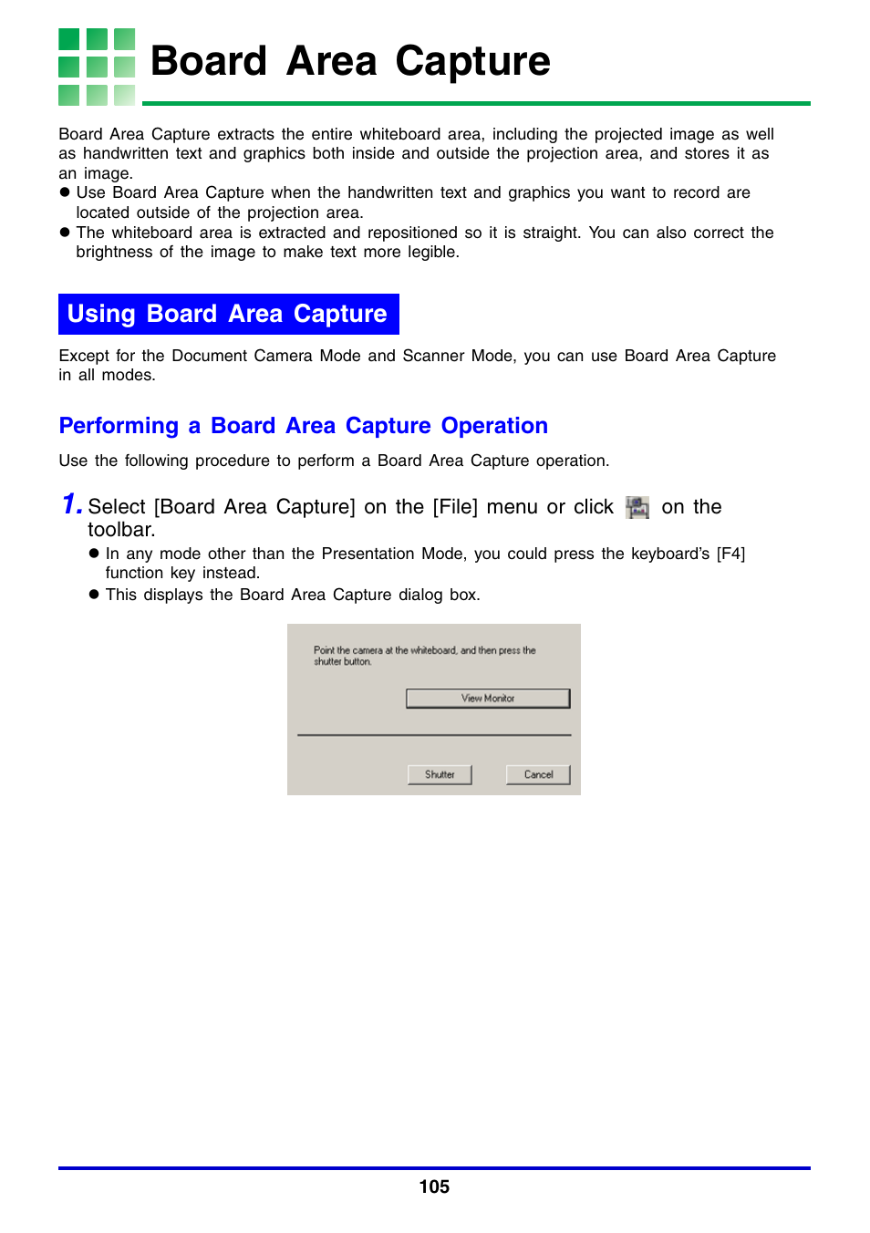 Board area capture, Using board area capture | Casio YC-430 User Manual | Page 105 / 146