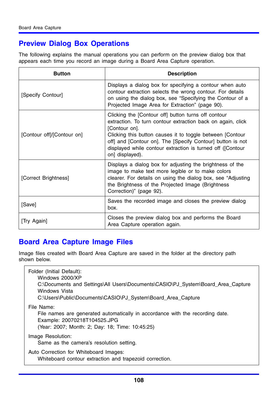 Preview dialog box operations, Board area capture image files | Casio YC-430 User Manual | Page 108 / 146