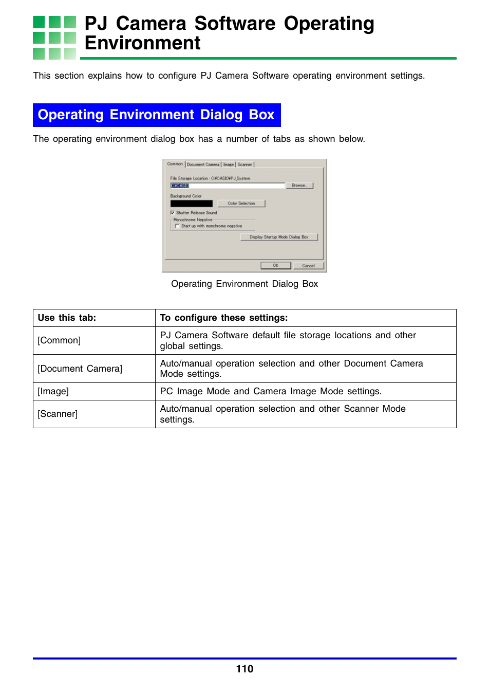 Pj camera software operating environment, Operating environment dialog box, See “pj camera software operating environment | Pj camera software, 110), the, Age 110 | Casio YC-430 User Manual | Page 110 / 146