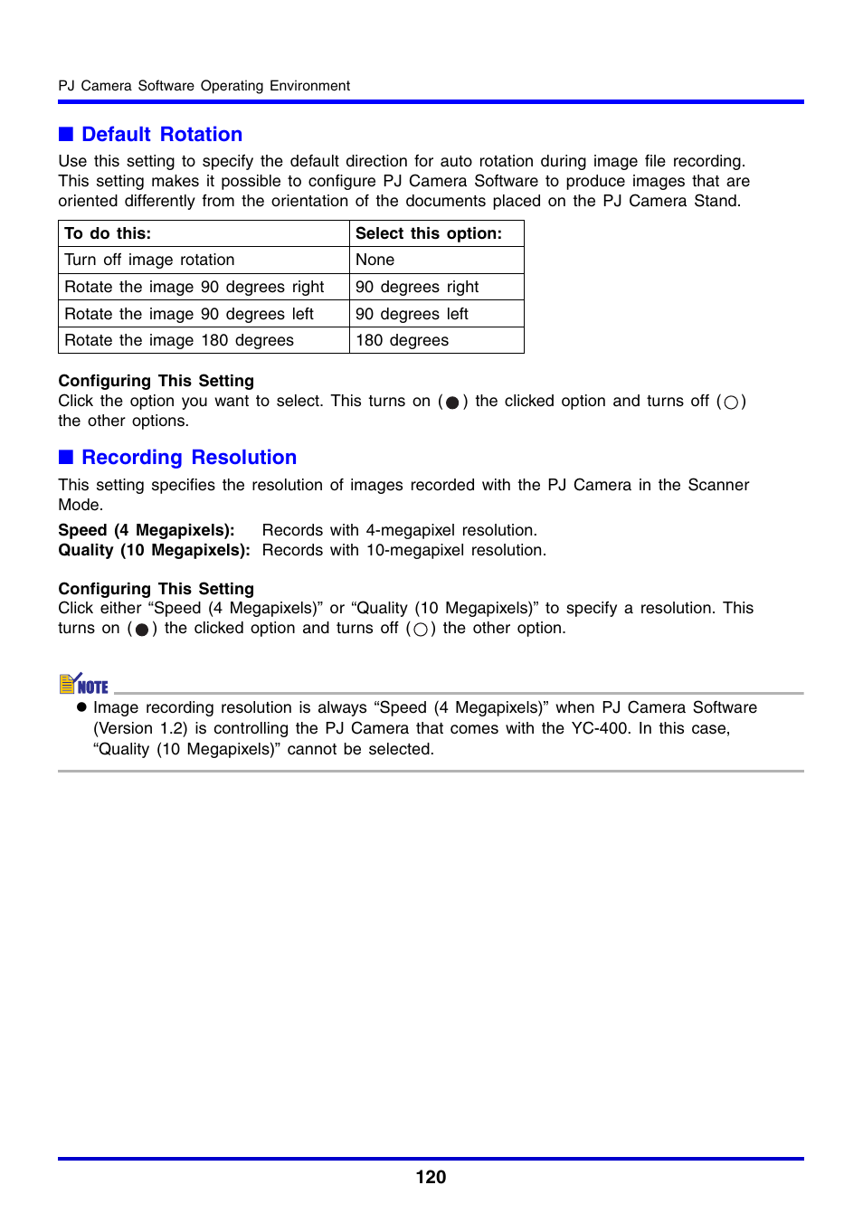 Default rotation, Recording resolution | Casio YC-430 User Manual | Page 120 / 146