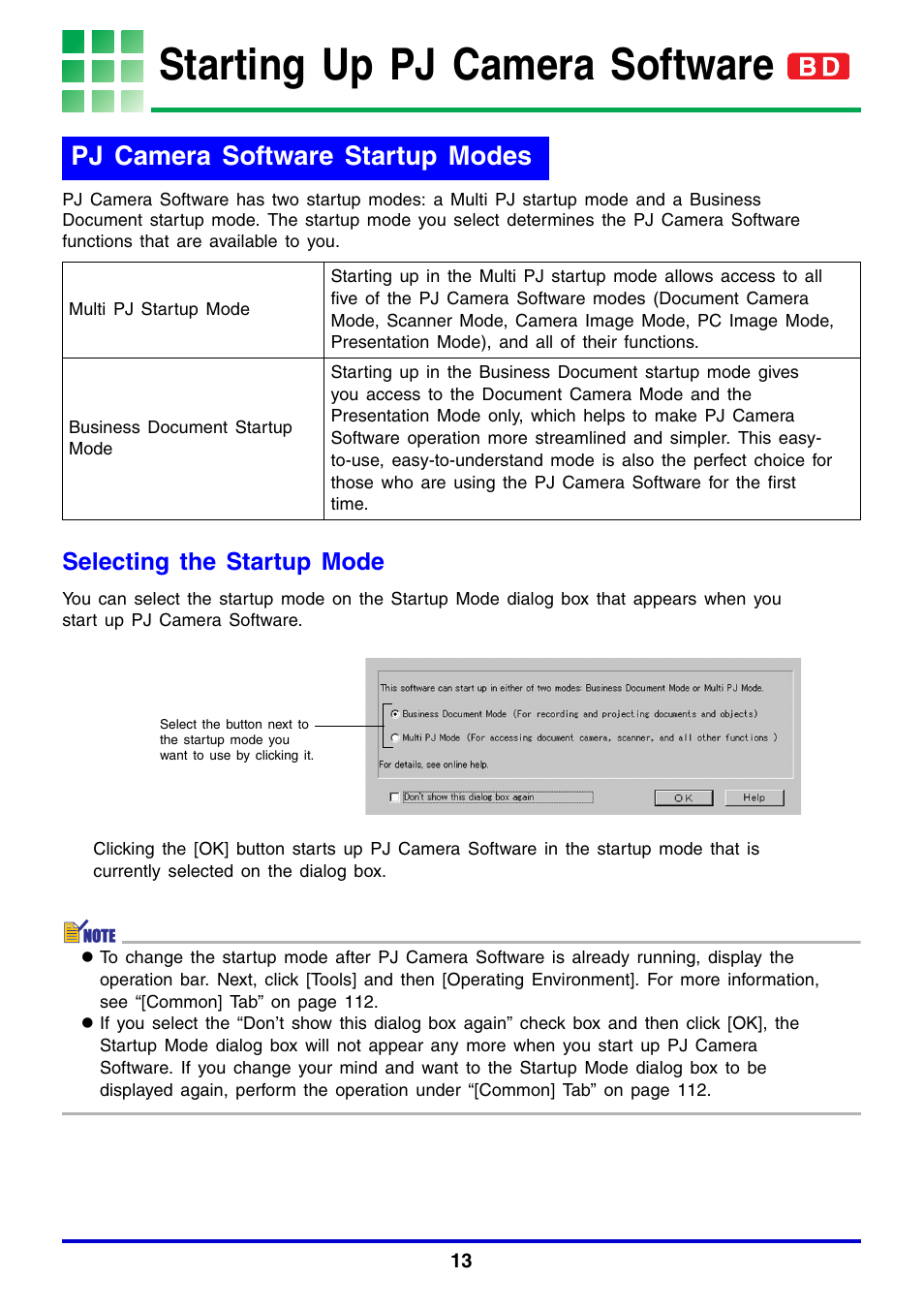 Starting up pj camera software, Pj camera software startup modes, Selecting the startup mode | Casio YC-430 User Manual | Page 13 / 146