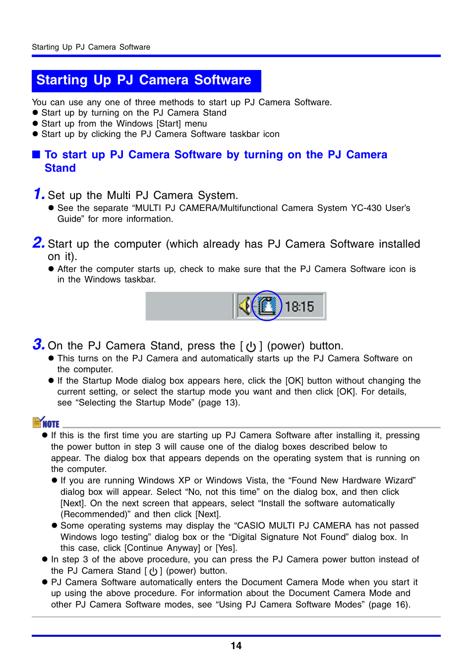 Starting up pj camera software | Casio YC-430 User Manual | Page 14 / 146