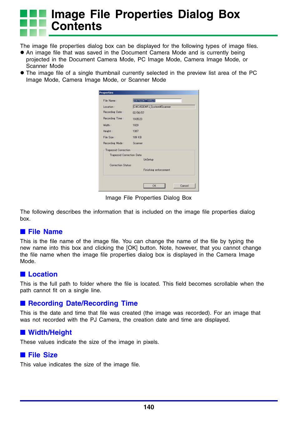Image file properties dialog box contents | Casio YC-430 User Manual | Page 140 / 146