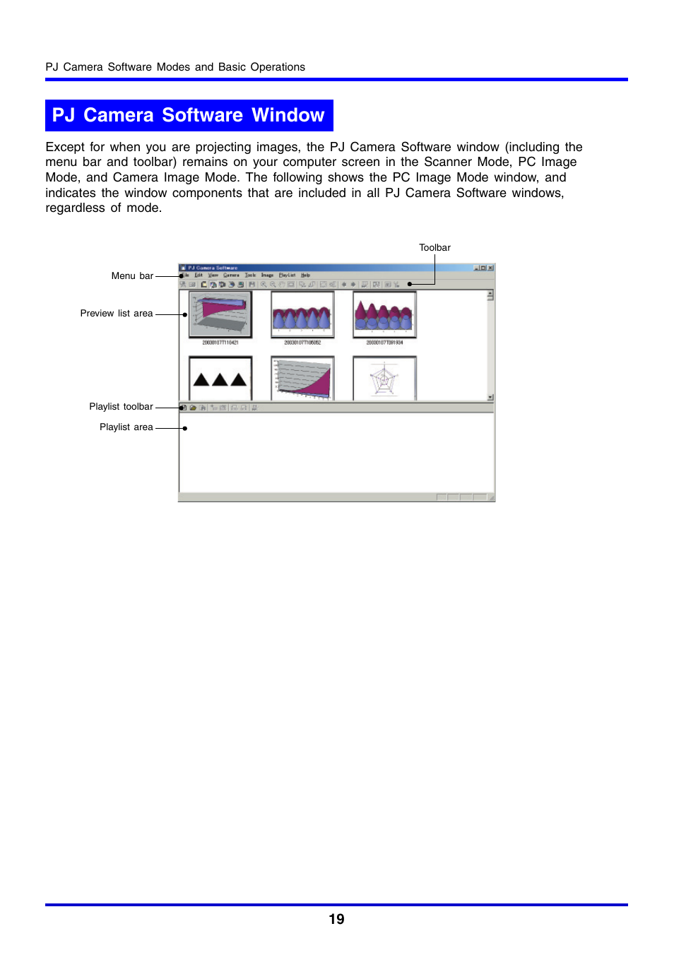 Pj camera software window | Casio YC-430 User Manual | Page 19 / 146