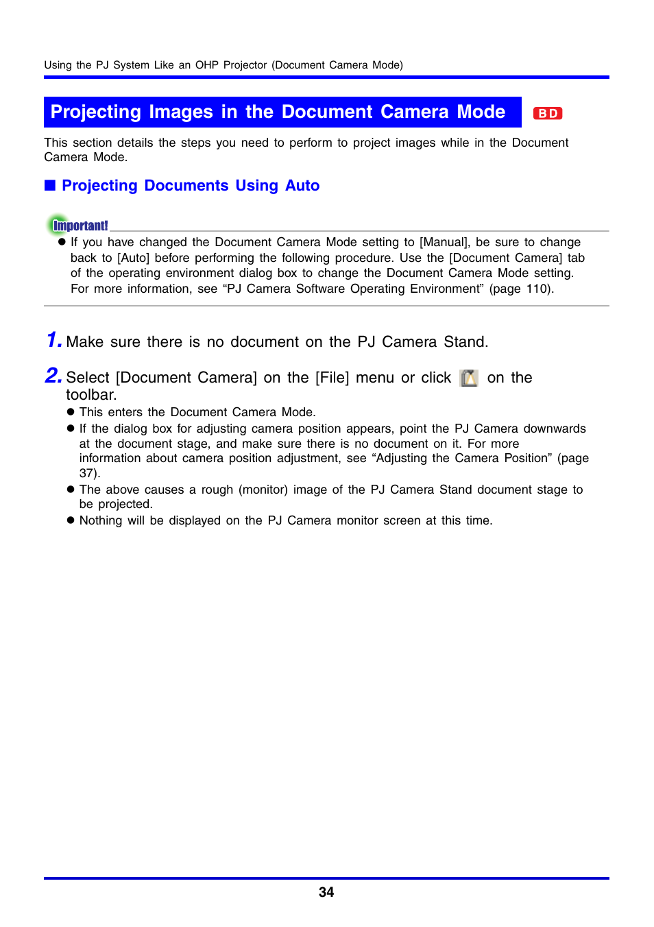 Projecting images in the document camera mode | Casio YC-430 User Manual | Page 34 / 146