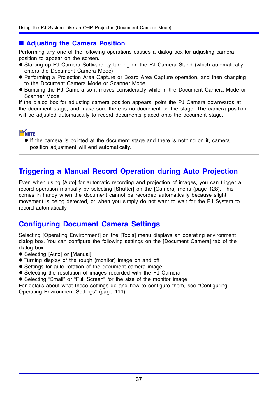See “adjusting the camera position, Configuring document camera settings | Casio YC-430 User Manual | Page 37 / 146