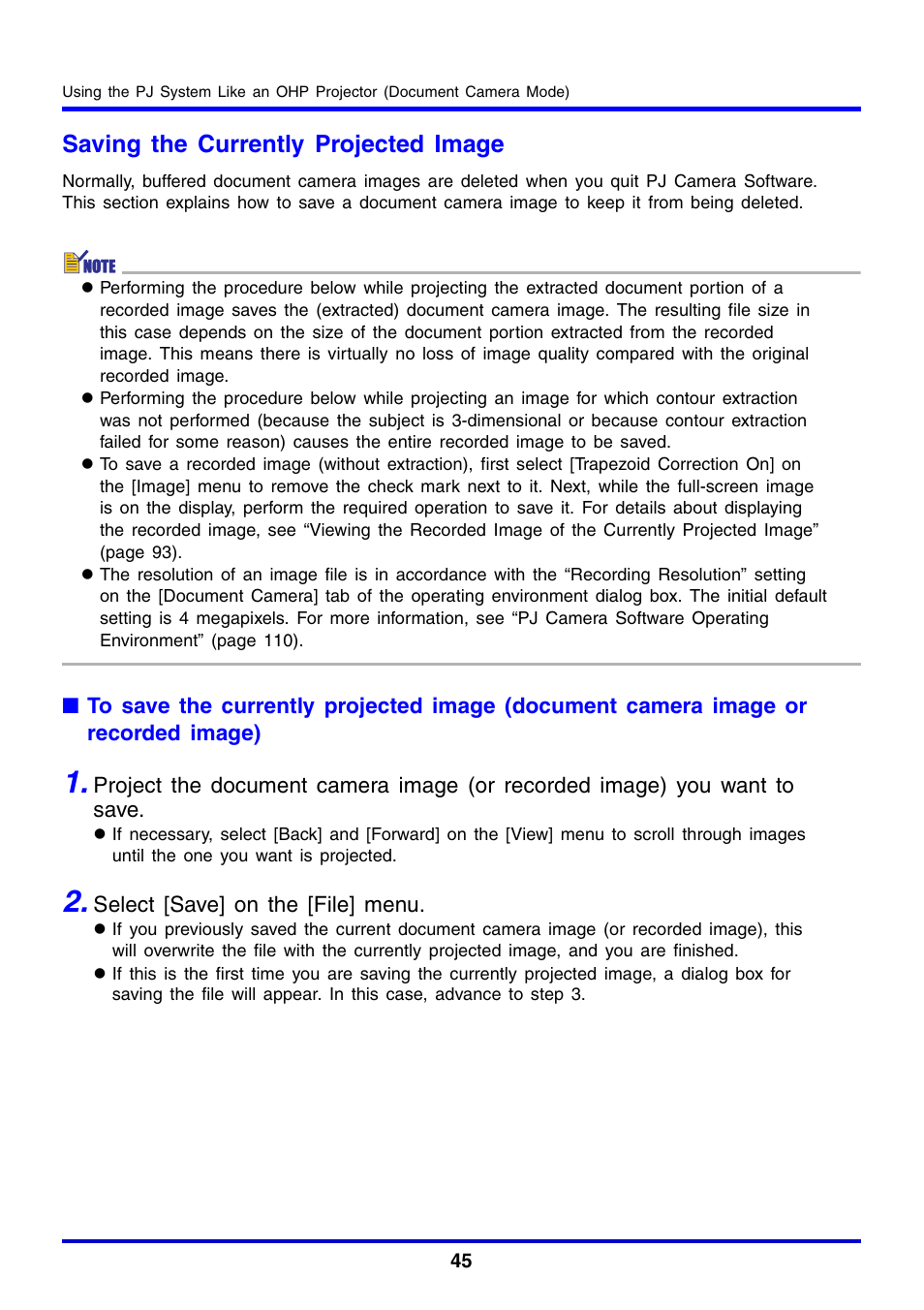 Saving the currently projected image | Casio YC-430 User Manual | Page 45 / 146