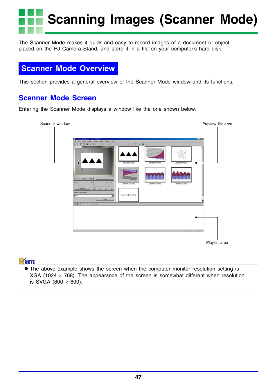 Scanning images (scanner mode), Scanner mode overview, Scanner mode screen | Casio YC-430 User Manual | Page 47 / 146