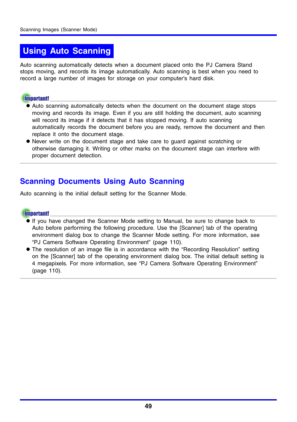 Using auto scanning, Scanning documents using auto scanning | Casio YC-430 User Manual | Page 49 / 146