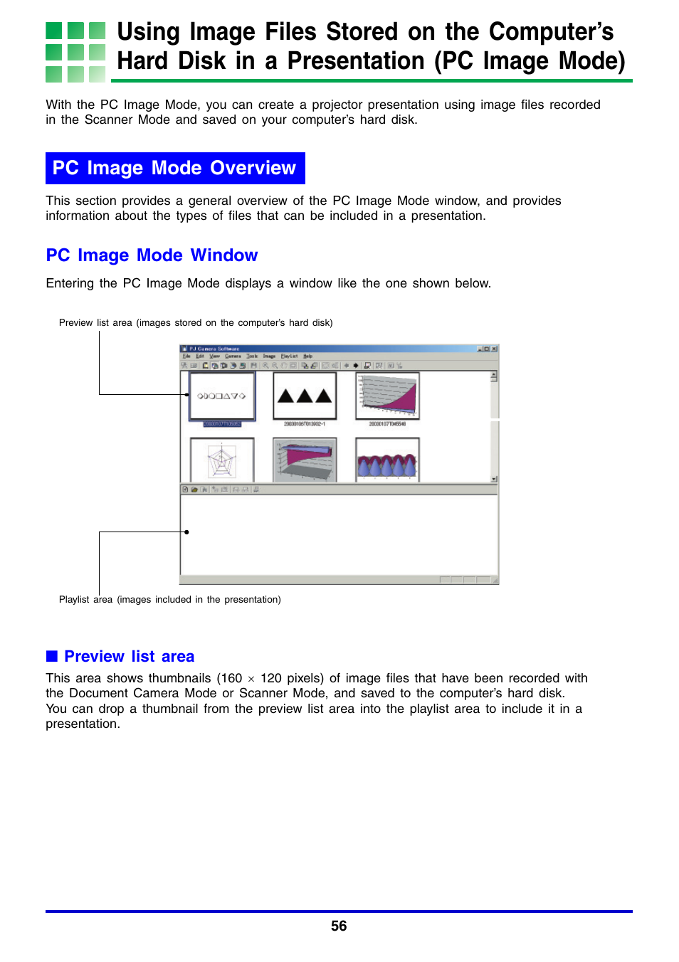 Pc image mode overview, Using image files stored on, E 56) an | Pc image mode window | Casio YC-430 User Manual | Page 56 / 146