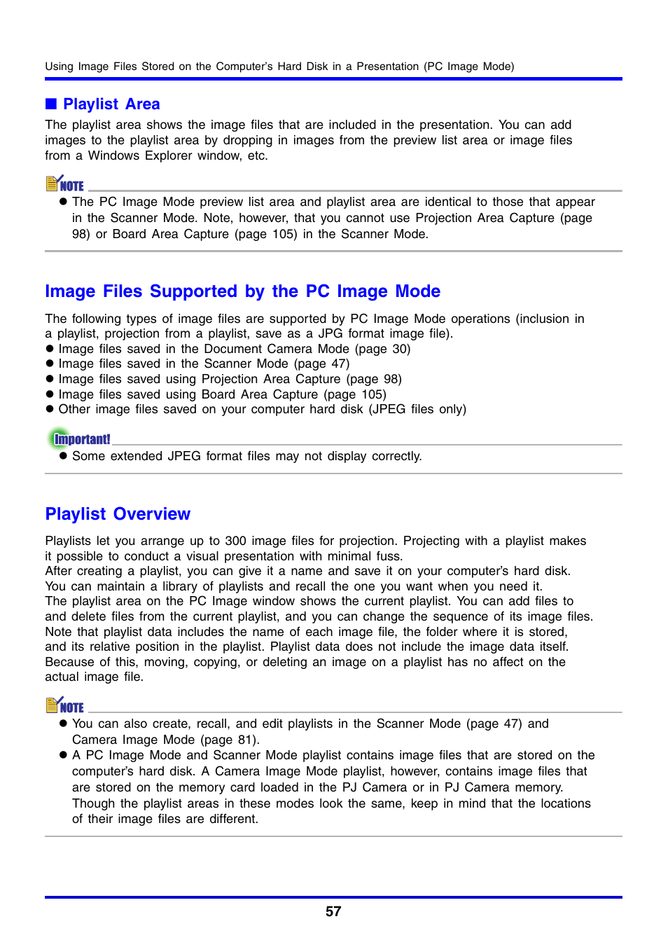 Image files supported by the pc image mode, Playlist overview | Casio YC-430 User Manual | Page 57 / 146