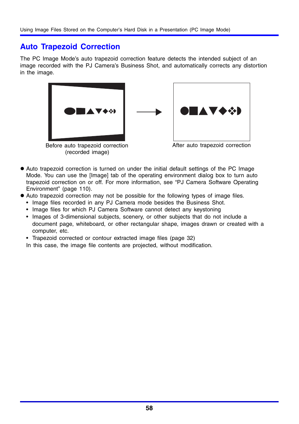 Auto trapezoid correction | Casio YC-430 User Manual | Page 58 / 146