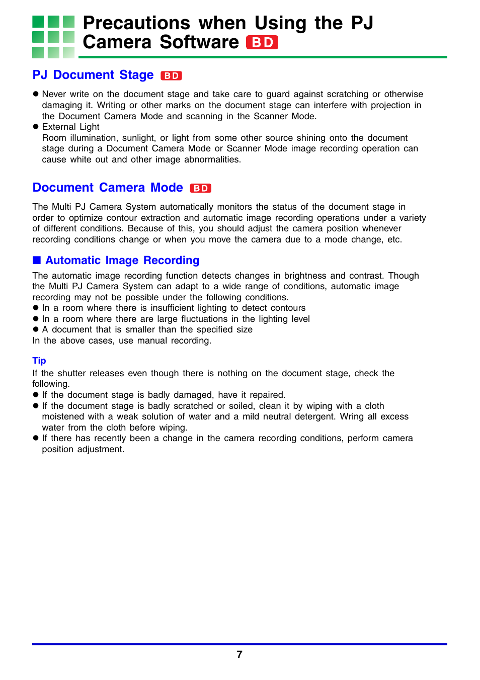 Precautions when using the pj camera software, Pj document stage, Document camera mode | Casio YC-430 User Manual | Page 7 / 146