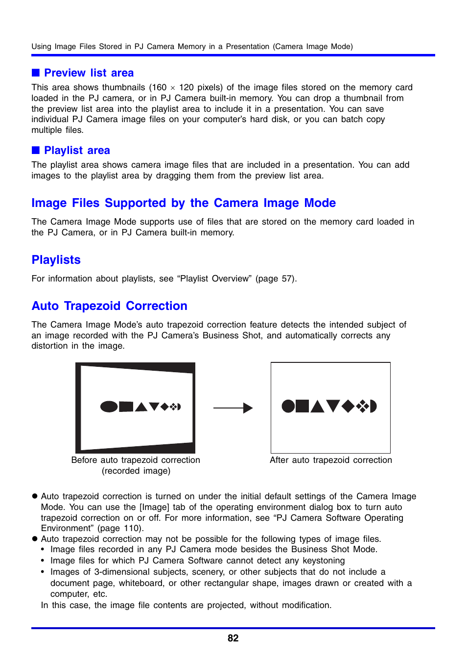 Image files supported by the camera image mode, Playlists, Auto trapezoid correction | Casio YC-430 User Manual | Page 82 / 146