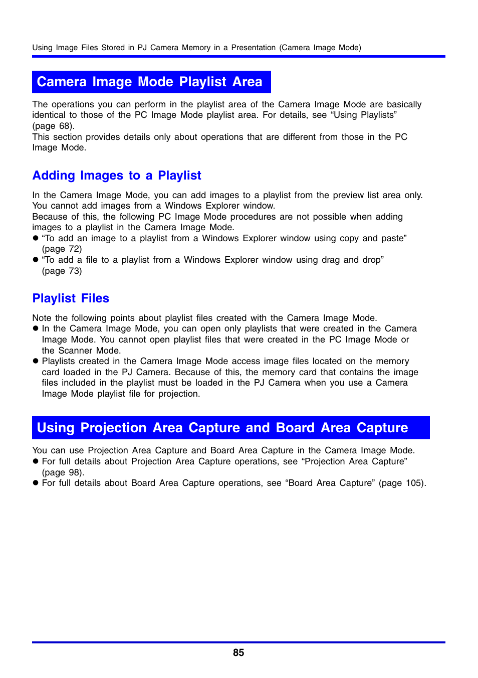 Camera image mode playlist area, Adding images to a playlist, Playlist files | Casio YC-430 User Manual | Page 85 / 146