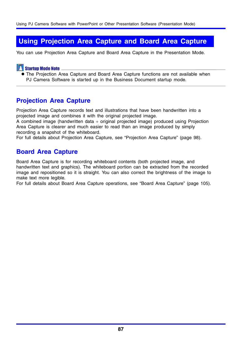 Projection area capture, Board area capture | Casio YC-430 User Manual | Page 87 / 146