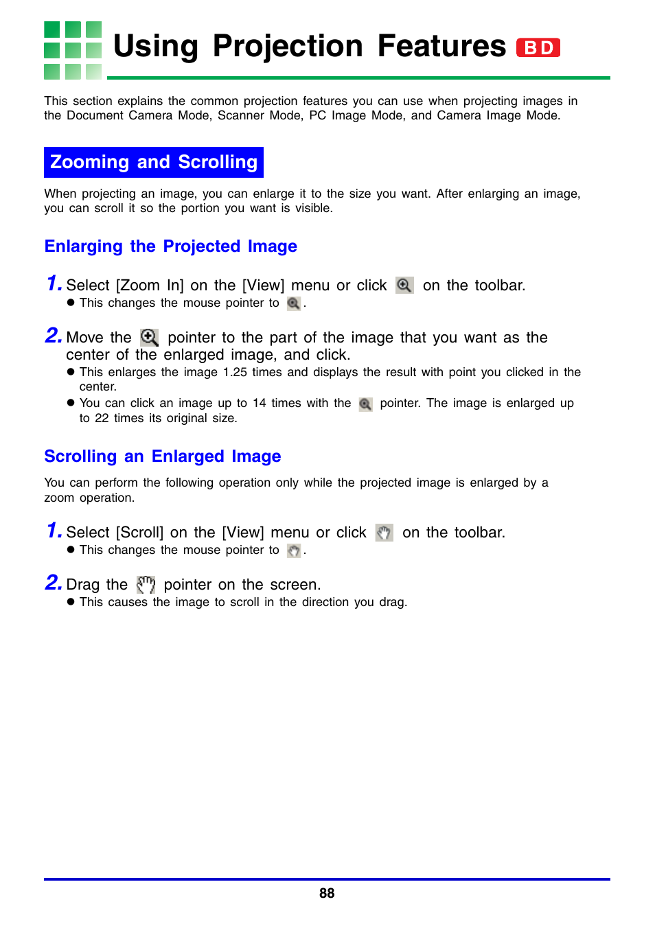 Using projection features, Zooming and scrolling | Casio YC-430 User Manual | Page 88 / 146