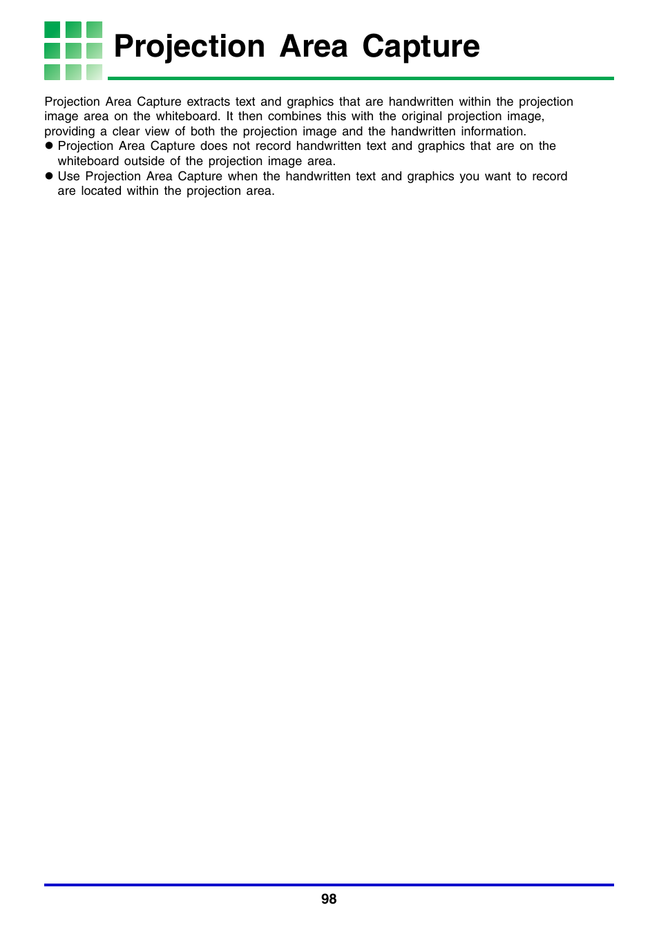 Projection area capture, 98) or board area captu, See “projection area capture | Ge 98) | Casio YC-430 User Manual | Page 98 / 146