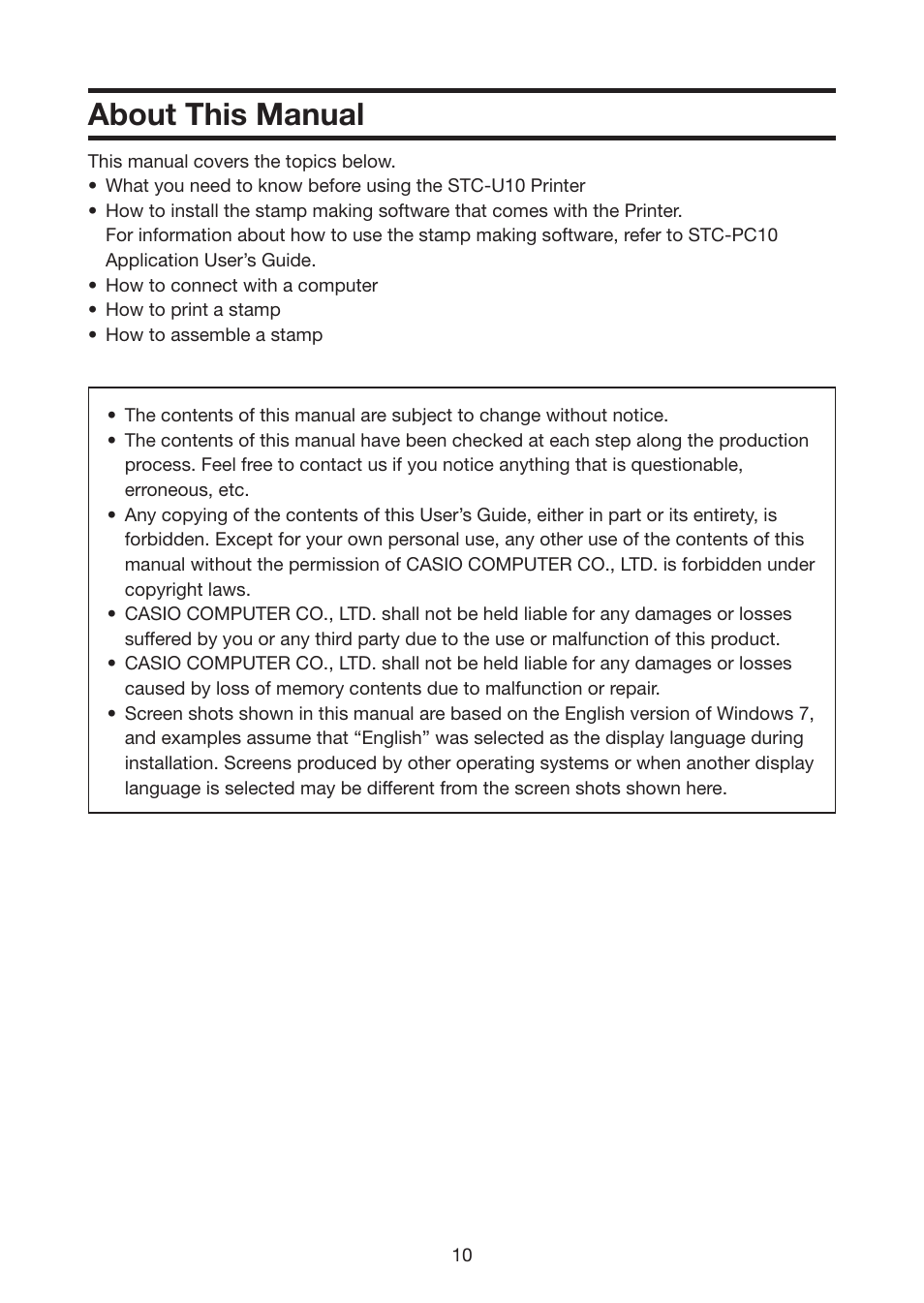 About this manual | Casio STC-U10 User Manual | Page 11 / 50