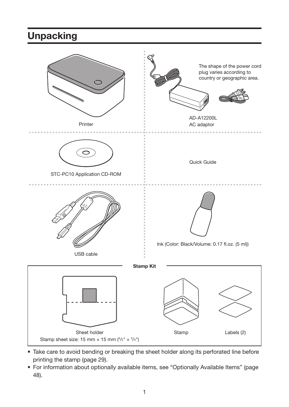 Unpacking | Casio STC-U10 User Manual | Page 2 / 50