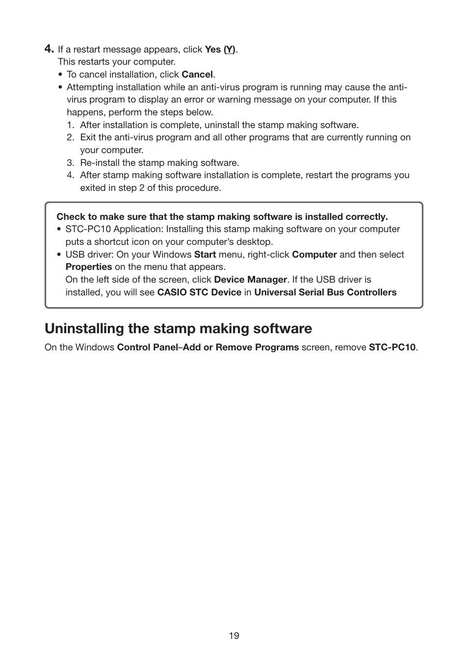 Uninstalling the stamp making software | Casio STC-U10 User Manual | Page 20 / 50