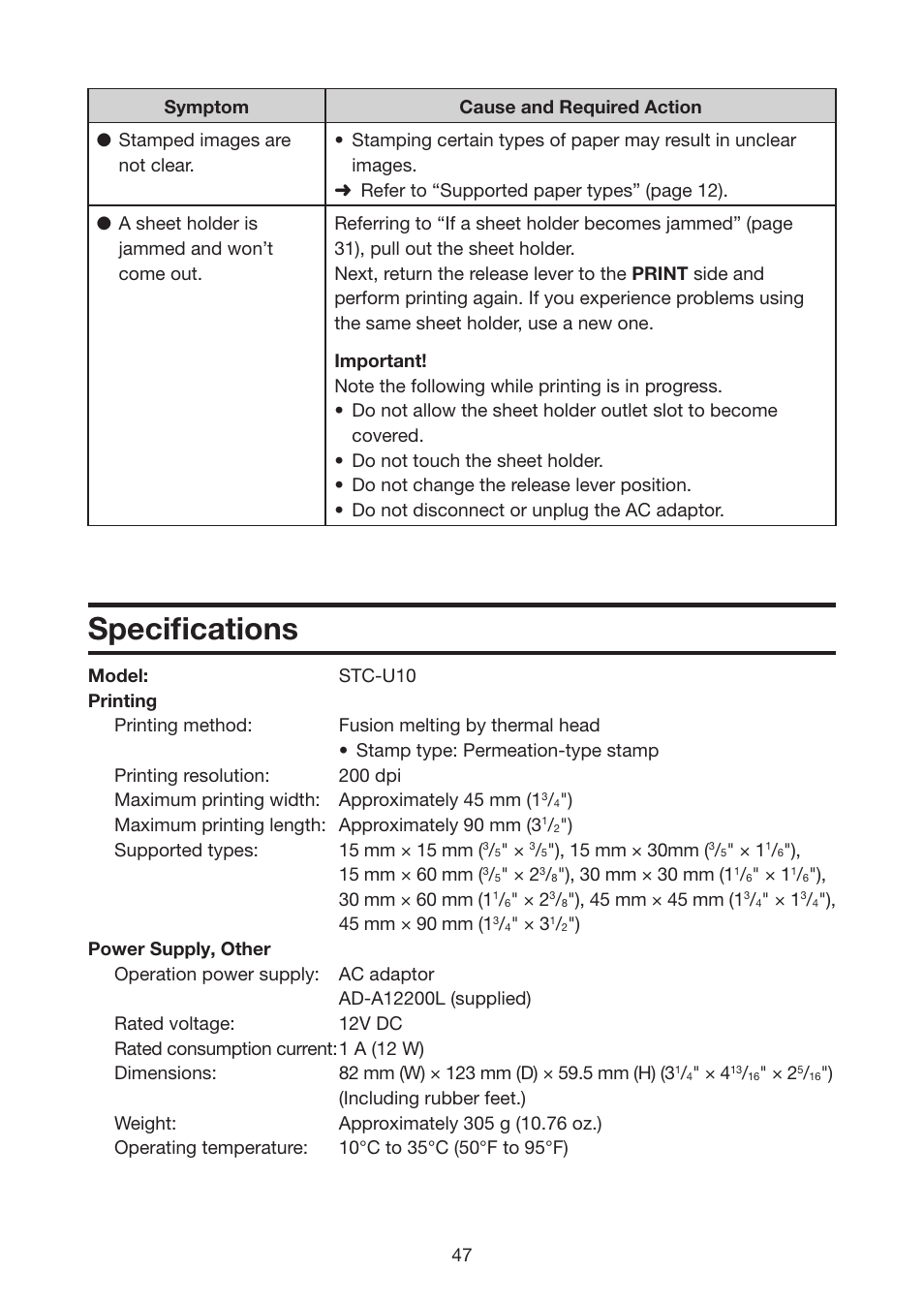 Specifi cations | Casio STC-U10 User Manual | Page 48 / 50