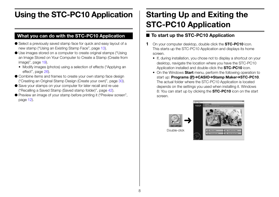 Using the stc-pc10 application, What you can do with the stc-pc10 application, Starting up and exiting the stc-pc10 application | Casio STC-PC10 User Manual | Page 10 / 55