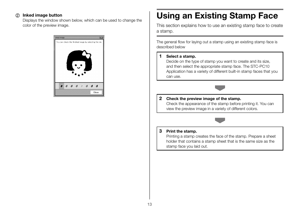 Using an existing stamp face | Casio STC-PC10 User Manual | Page 15 / 55