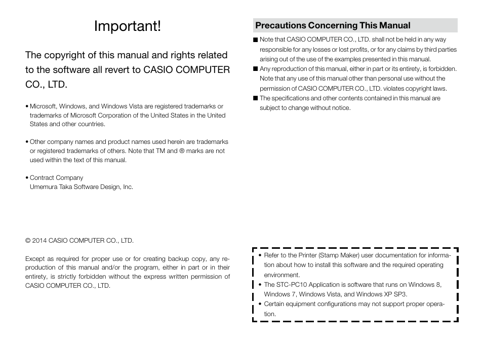 Important | Casio STC-PC10 User Manual | Page 2 / 55