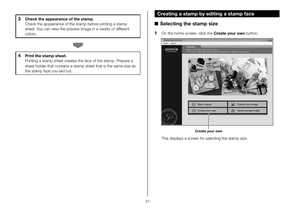 Creating a stamp by editing a stamp face | Casio STC-PC10 User Manual | Page 33 / 55