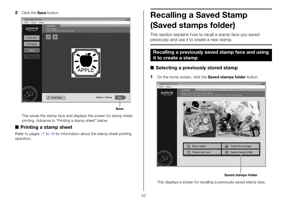 Recalling a saved stamp (saved stamps folder) | Casio STC-PC10 User Manual | Page 44 / 55
