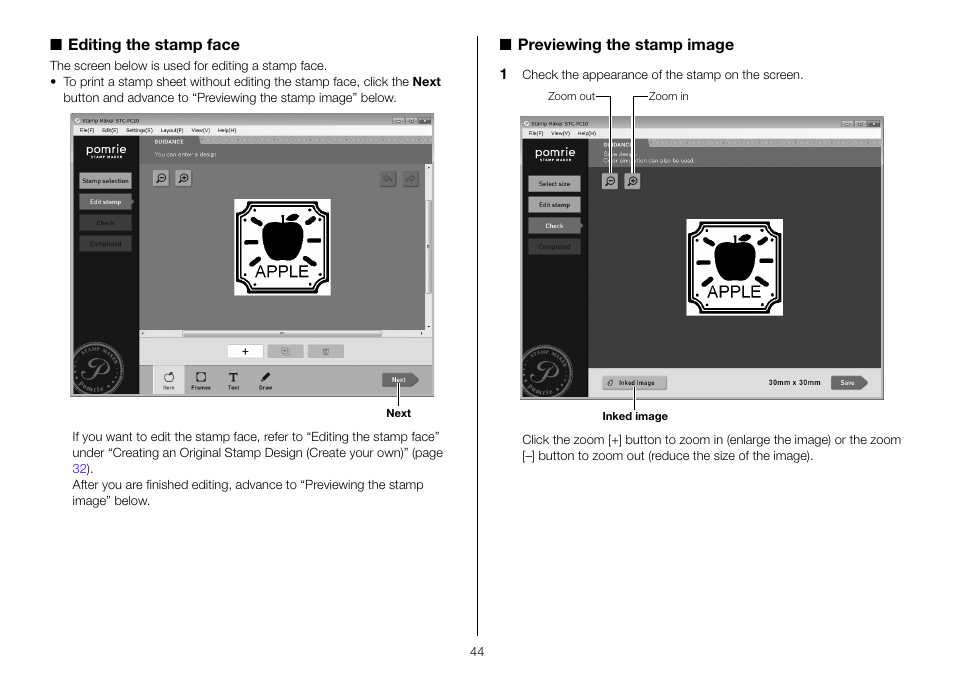 Editing the stamp face, Previewing the stamp image | Casio STC-PC10 User Manual | Page 46 / 55