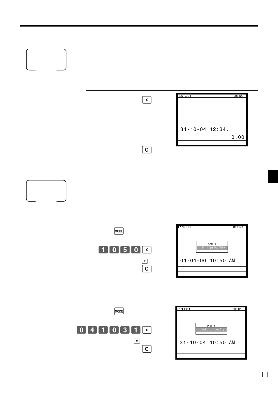 Pgm1, Basic operations and setups, Displaying the time and date | Adjusting the time and date | Casio QT-6000 User Manual | Page 25 / 104