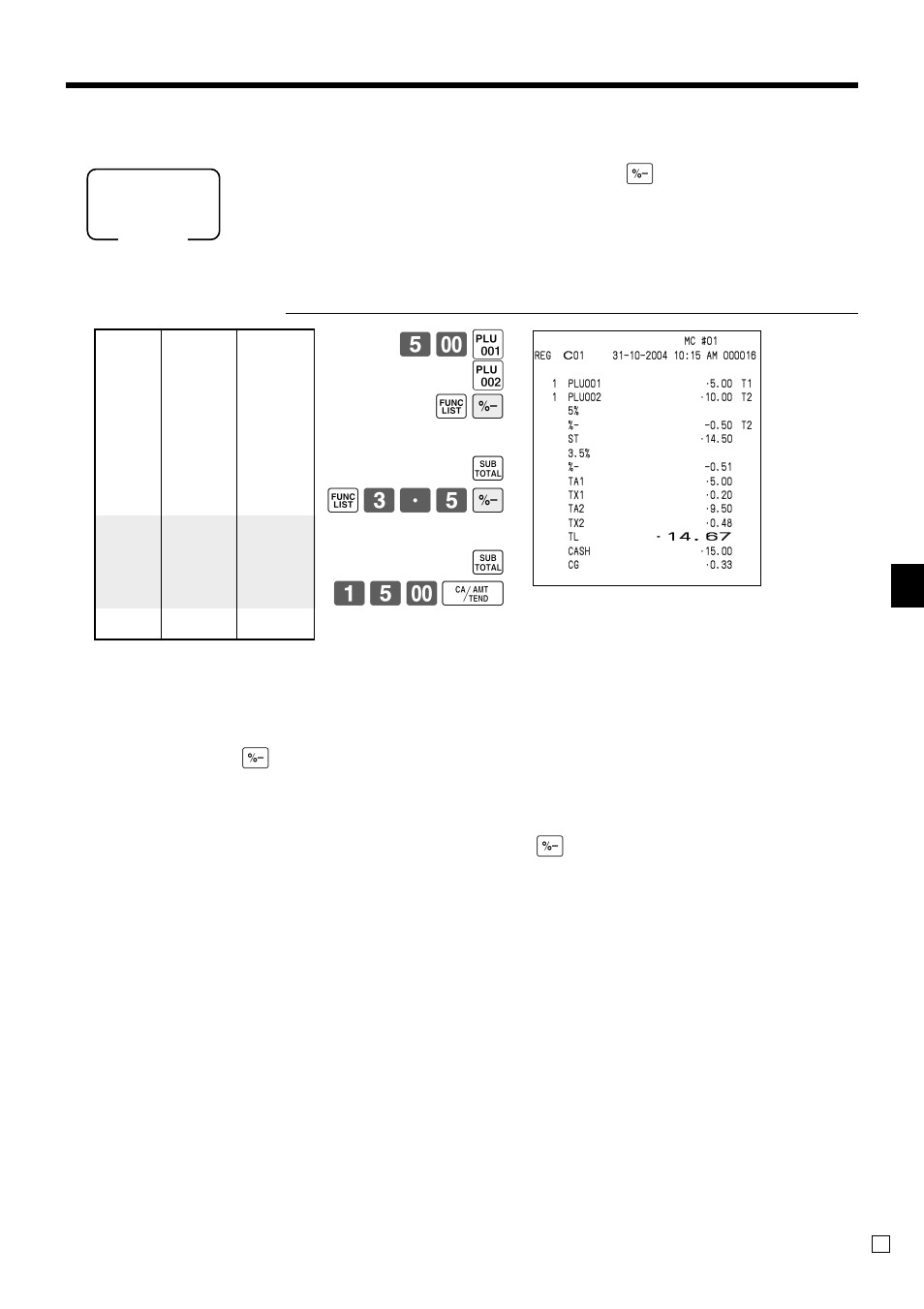 Basic operations and setups, Registering discounts, ( ) ´p s ´ 3^5 p s 15- f | Casio QT-6000 User Manual | Page 31 / 104